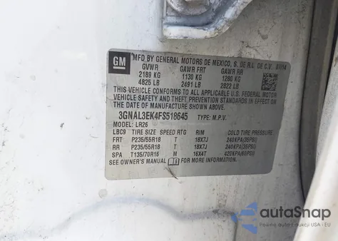 2015 Chevrolet Captiva Sport Lt из США, поврежденный, VIN 3GNAL3EK4FS518645